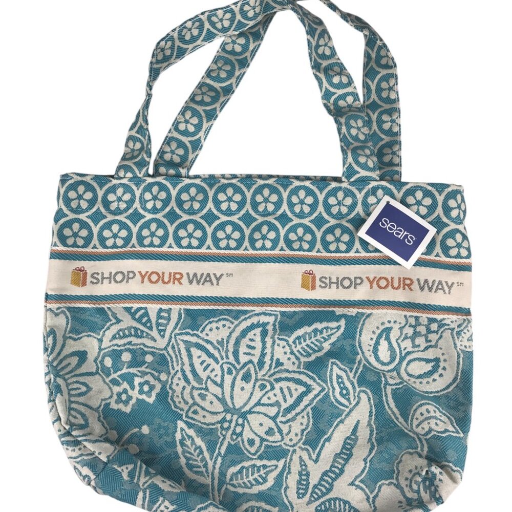 Sears Department Store‎ Canvas Tote Shopping Bag Floral Aqua/Blue/Beige